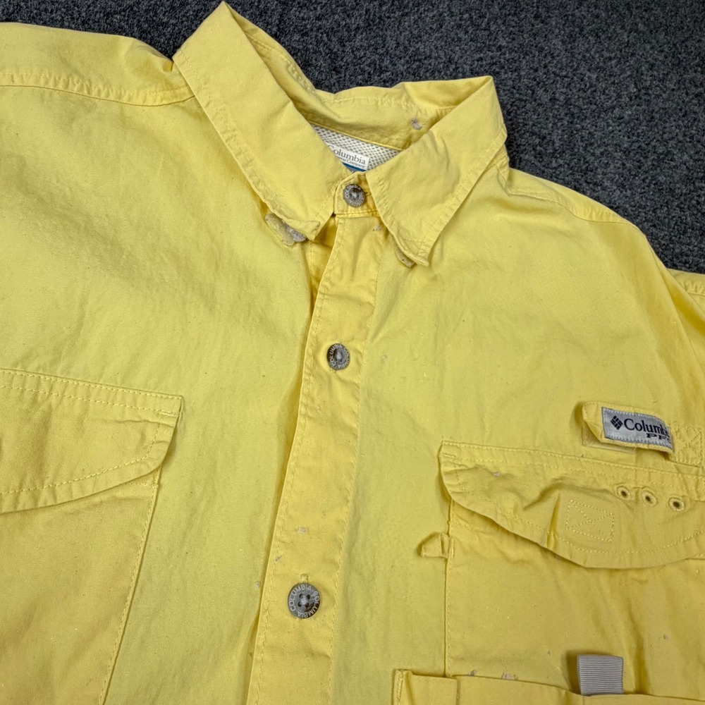 Columbia PFG Mens L/G  Yellow Short Sleeve Fishing Shirt Button Up Ventilated